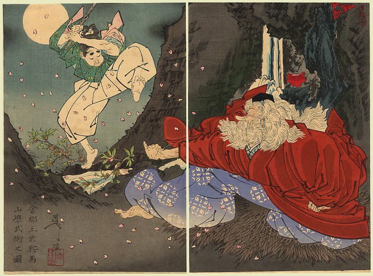 Young Yoshitsune learns the martial arts on Mt. Kurama. Republished by Hasegawa in September 1897.