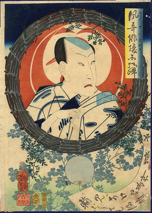 Bando Hikosaburo V in circular frame. Poem signed Shinsui.