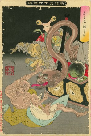 The Greedy old woman chooses the heavy chest which is full of demons.