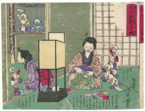 A servant who serves her master well sewing by lamp.