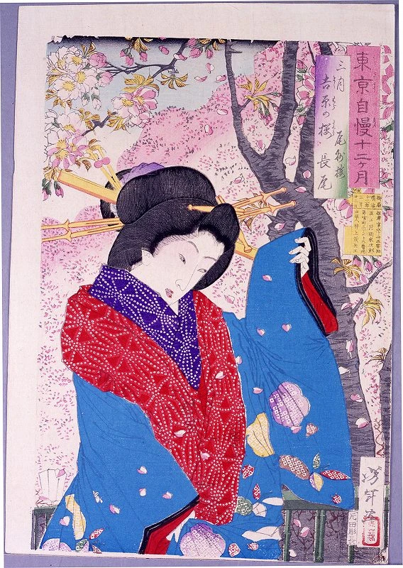 Nagao of Bishuro beneath cherry tree in Yoshiwara.
