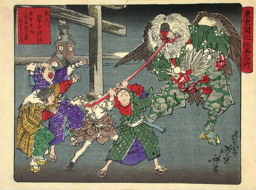 Twisting the nose of a tengu at the Kompira Shrine at Toranomon.