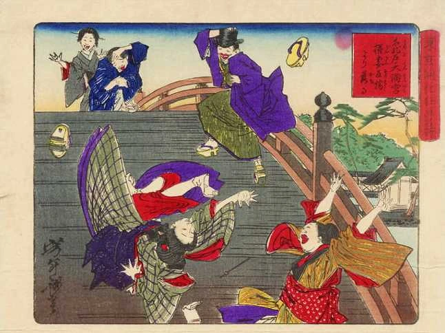 A woman falling down the arched bridge at Temmangu Shrine, Kameido.