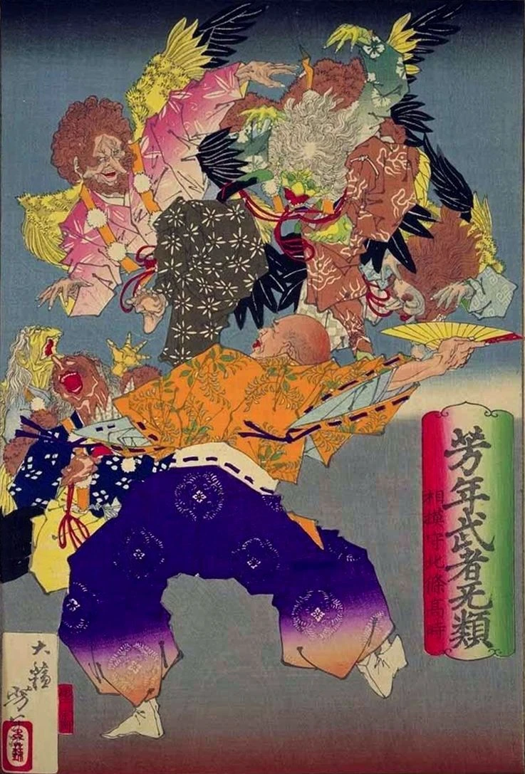 Sagami-no-kami Hōjō Takatoki warding off a group of tengu with his fan