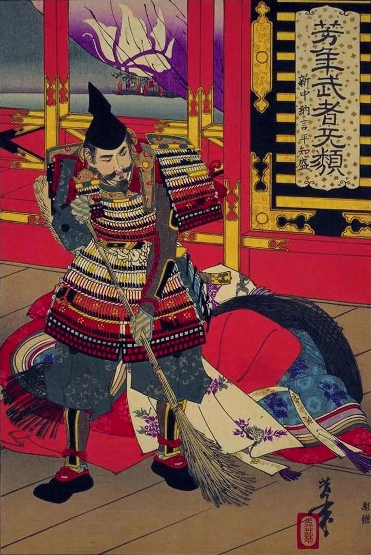 Shinchūnagon Taira no Tomomori sweeping the deck