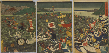 Yoshitoshi, Moritsuna at the Fujito crossing, complete triptych