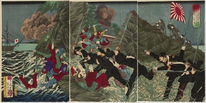 Picture of the successful attack on the Korean forces at Kōka Bay by the angry sailors of the Japanese ship Unyōkan, which was shelled while engaged in nautical surveying
