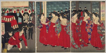 Court ladies board a train at the station