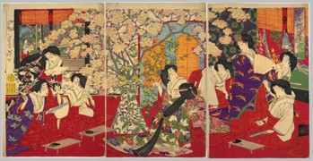 Court ladies composing linked verse at a cherry blossom party