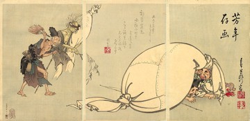 Demons of illness and poverty stalking the lucky gods (a picture by Yoshitoshi)