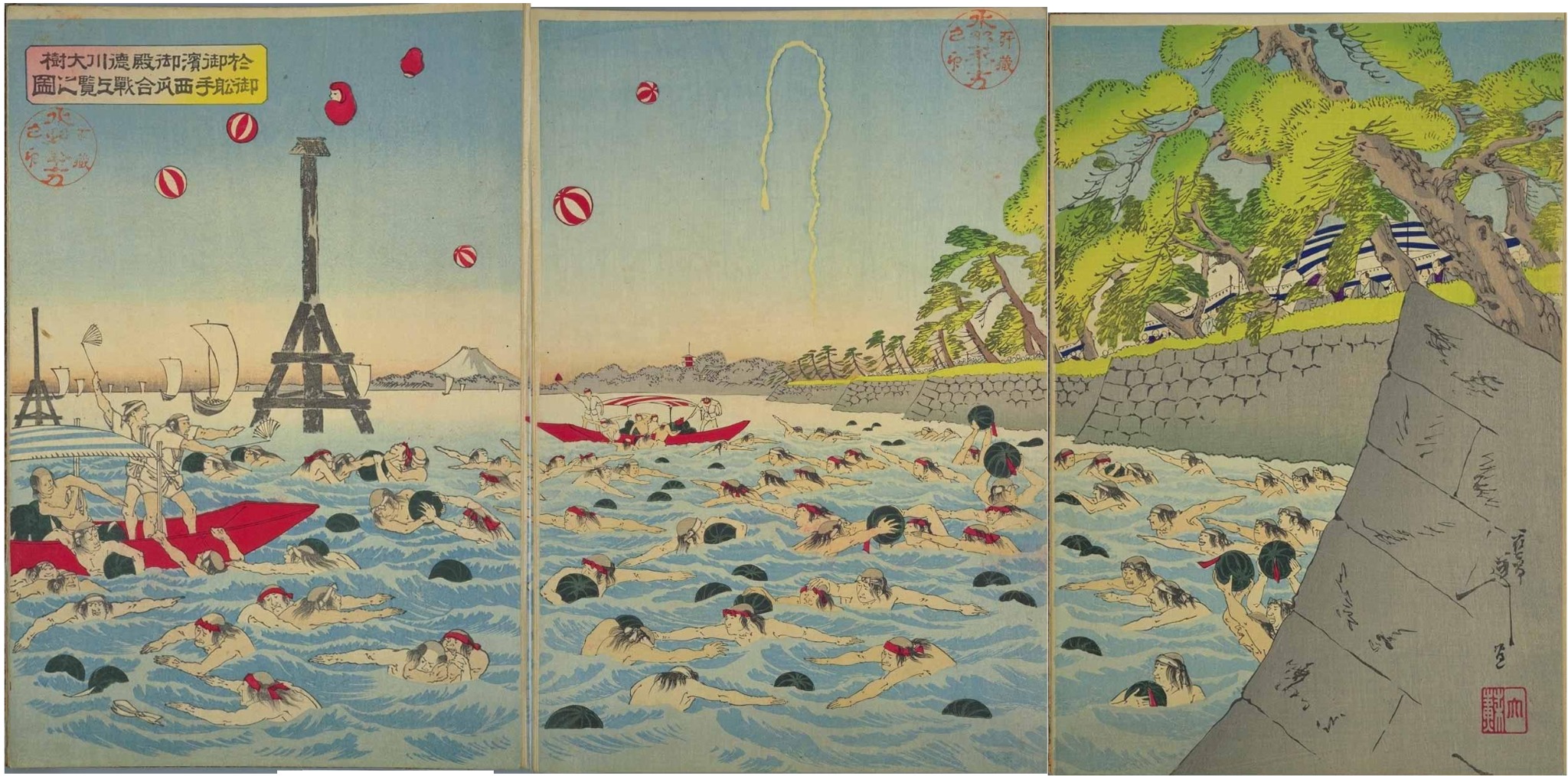 The watermelon fight of the imperial boatmen near the palace at Ohama